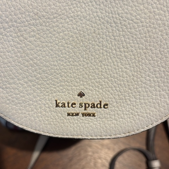 Kate Spade. Backpackl  Small  striped tweed.  White leather  Pocket in flap EUC. main image 16
